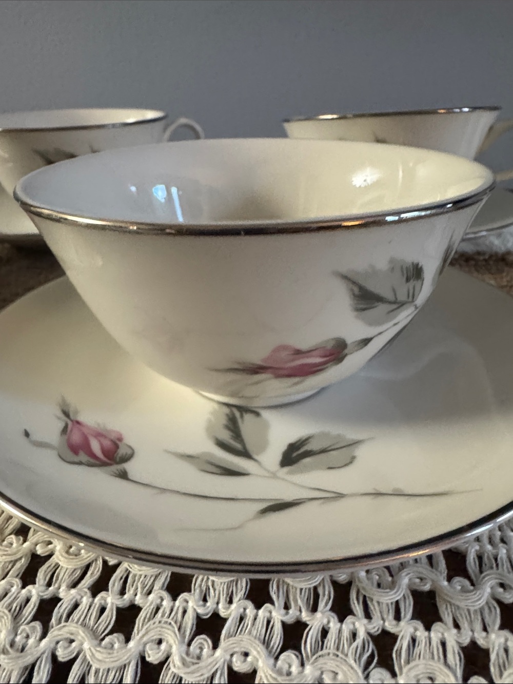 Vintage Floral Bone China Tea Cups and Saucers - Set of 4 Pink Rose Trim